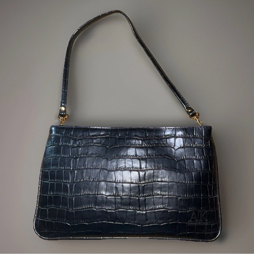 Anne Klein Black Croc-Embossed Shoulder Bag with Gold Hardware